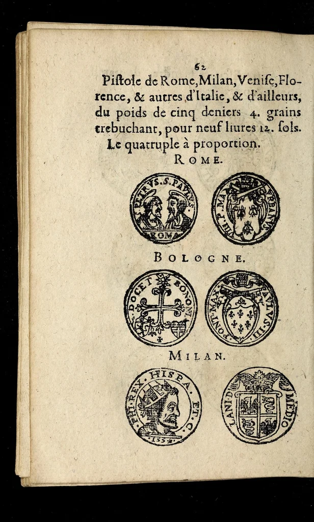 An illustration from Edict dv Roy portant novvelle fabrication d'especes d'argent: augmentation du marc d'argent le Roy, & des quarts d'eseu, testons, & francs aux coins & armes de sa Maiesté estans de leur iuste poids ... auec vne nouuelle eualuation ..., 1646, leaf 62