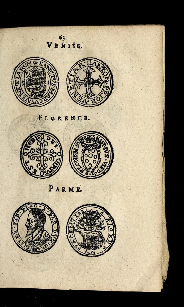 An illustration from Edict dv Roy portant novvelle fabrication d'especes d'argent: augmentation du marc d'argent le Roy, & des quarts d'eseu, testons, & francs aux coins & armes de sa Maiesté estans de leur iuste poids ... auec vne nouuelle eualuation ..., 1646, leaf 63