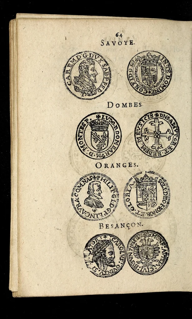 An illustration from Edict dv Roy portant novvelle fabrication d'especes d'argent: augmentation du marc d'argent le Roy, & des quarts d'eseu, testons, & francs aux coins & armes de sa Maiesté estans de leur iuste poids ... auec vne nouuelle eualuation ..., 1646, leaf 64