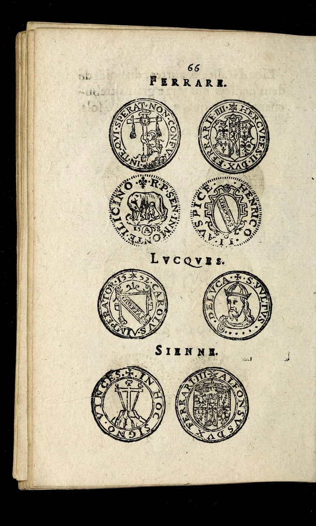 An illustration from Edict dv Roy portant novvelle fabrication d'especes d'argent: augmentation du marc d'argent le Roy, & des quarts d'eseu, testons, & francs aux coins & armes de sa Maiesté estans de leur iuste poids ... auec vne nouuelle eualuation ..., 1646, leaf 66