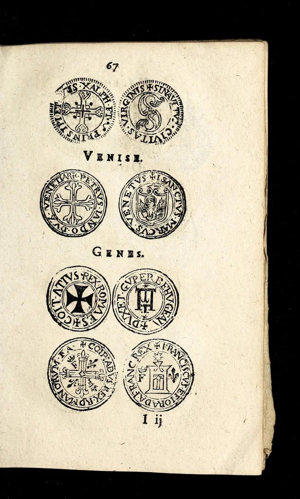 An illustration from Edict dv Roy portant novvelle fabrication d'especes d'argent: augmentation du marc d'argent le Roy, & des quarts d'eseu, testons, & francs aux coins & armes de sa Maiesté estans de leur iuste poids ... auec vne nouuelle eualuation ..., 1646, leaf 67