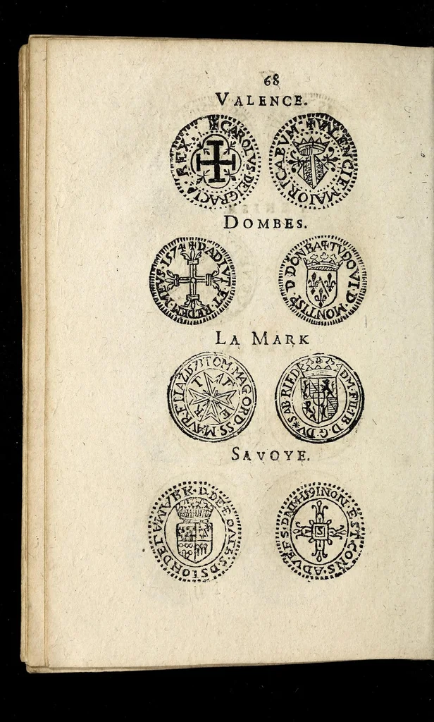 An illustration from Edict dv Roy portant novvelle fabrication d'especes d'argent: augmentation du marc d'argent le Roy, & des quarts d'eseu, testons, & francs aux coins & armes de sa Maiesté estans de leur iuste poids ... auec vne nouuelle eualuation ..., 1646, leaf 68