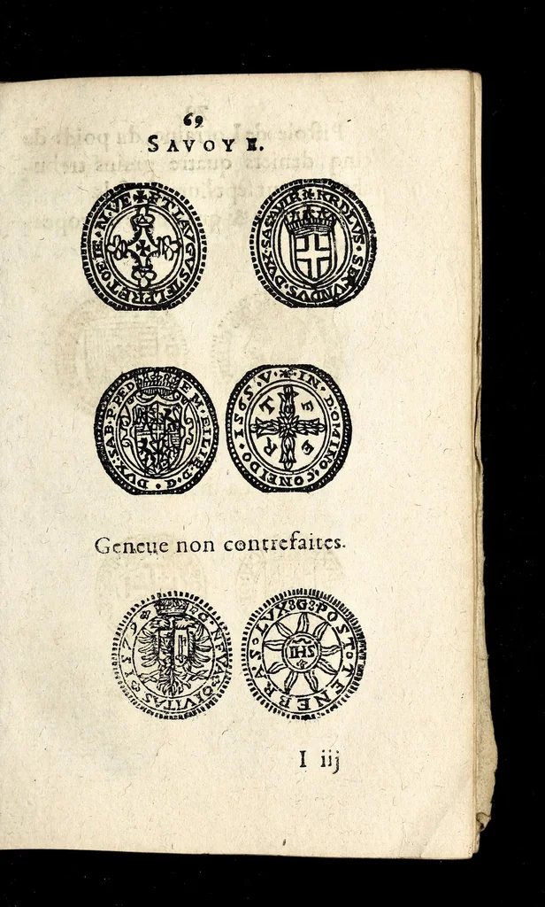 An illustration from Edict dv Roy portant novvelle fabrication d'especes d'argent: augmentation du marc d'argent le Roy, & des quarts d'eseu, testons, & francs aux coins & armes de sa Maiesté estans de leur iuste poids ... auec vne nouuelle eualuation ..., 1646, leaf 69