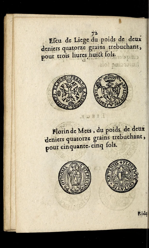 An illustration from Edict dv Roy portant novvelle fabrication d'especes d'argent: augmentation du marc d'argent le Roy, & des quarts d'eseu, testons, & francs aux coins & armes de sa Maiesté estans de leur iuste poids ... auec vne nouuelle eualuation ..., 1646, leaf 72