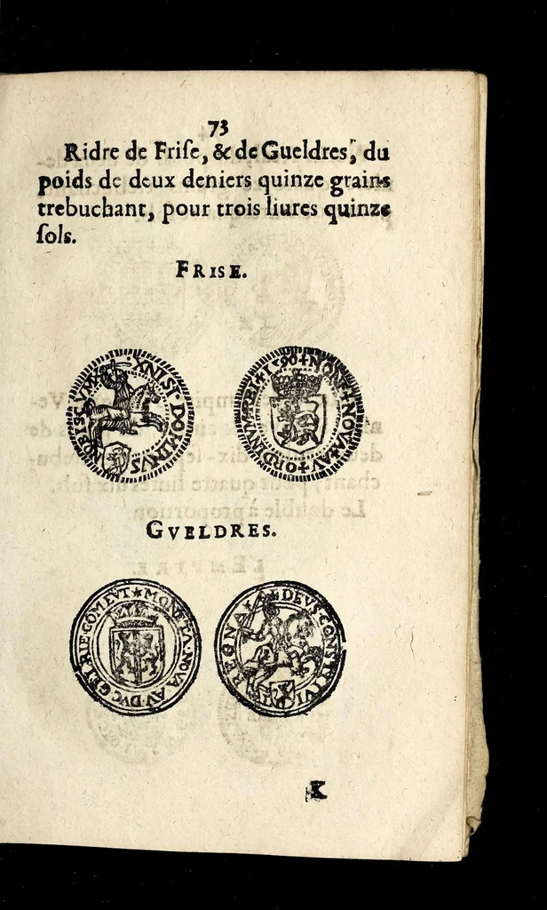 An illustration from Edict dv Roy portant novvelle fabrication d'especes d'argent: augmentation du marc d'argent le Roy, & des quarts d'eseu, testons, & francs aux coins & armes de sa Maiesté estans de leur iuste poids ... auec vne nouuelle eualuation ..., 1646, leaf 73