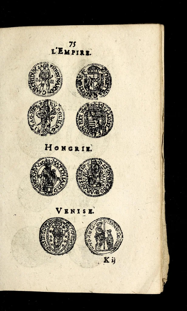 An illustration from Edict dv Roy portant novvelle fabrication d'especes d'argent: augmentation du marc d'argent le Roy, & des quarts d'eseu, testons, & francs aux coins & armes de sa Maiesté estans de leur iuste poids ... auec vne nouuelle eualuation ..., 1646, leaf 75