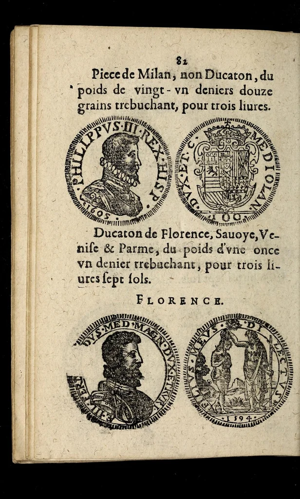 An illustration from Edict dv Roy portant novvelle fabrication d'especes d'argent: augmentation du marc d'argent le Roy, & des quarts d'eseu, testons, & francs aux coins & armes de sa Maiesté estans de leur iuste poids ... auec vne nouuelle eualuation ..., 1646, leaf 82