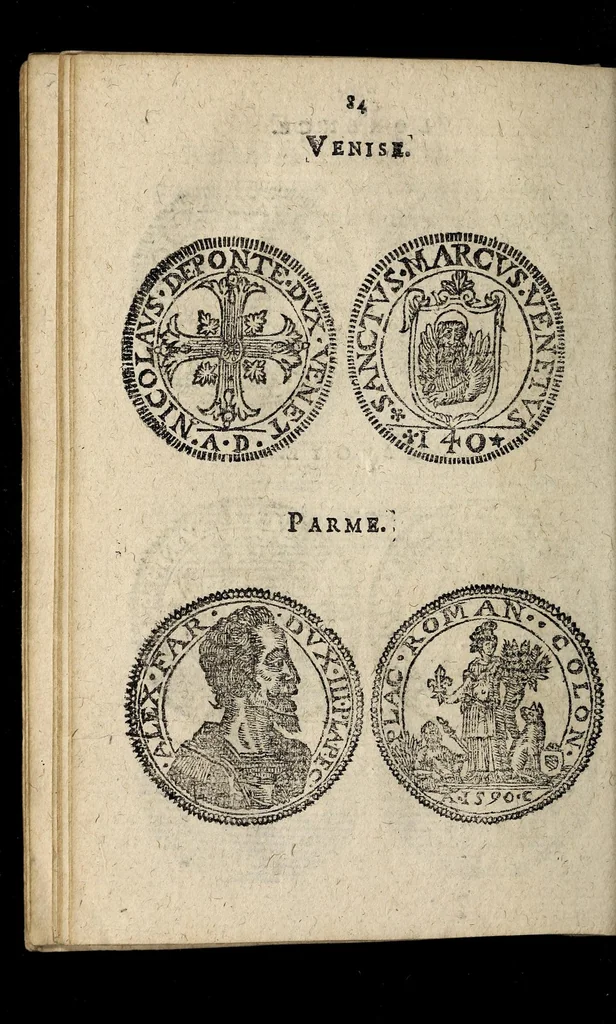An illustration from Edict dv Roy portant novvelle fabrication d'especes d'argent: augmentation du marc d'argent le Roy, & des quarts d'eseu, testons, & francs aux coins & armes de sa Maiesté estans de leur iuste poids ... auec vne nouuelle eualuation ..., 1646, leaf 84