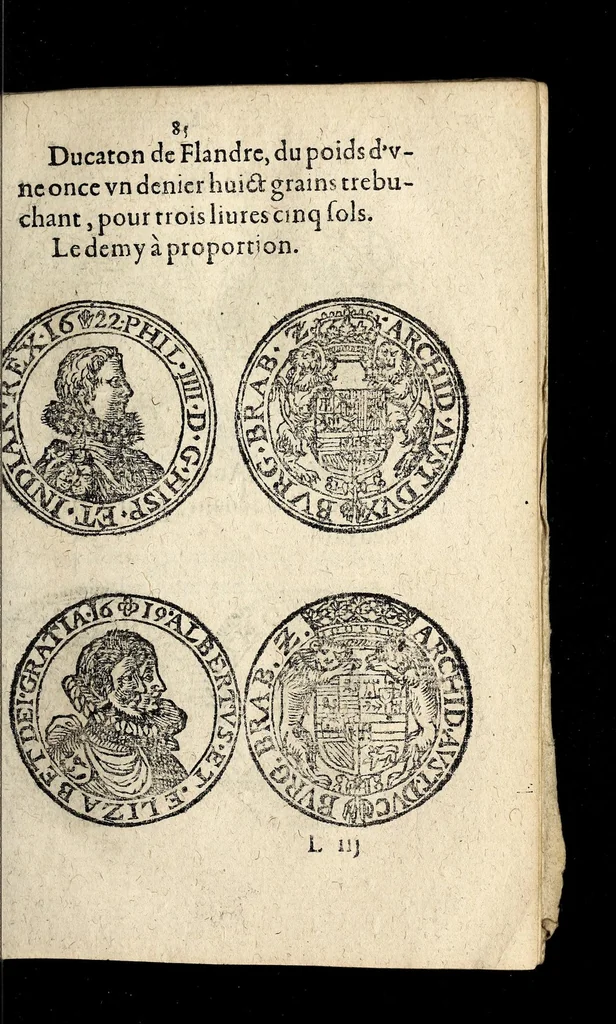An illustration from Edict dv Roy portant novvelle fabrication d'especes d'argent: augmentation du marc d'argent le Roy, & des quarts d'eseu, testons, & francs aux coins & armes de sa Maiesté estans de leur iuste poids ... auec vne nouuelle eualuation ..., 1646, leaf 85