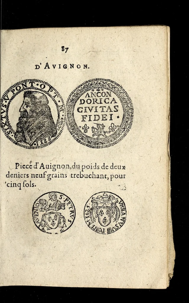 An illustration from Edict dv Roy portant novvelle fabrication d'especes d'argent: augmentation du marc d'argent le Roy, & des quarts d'eseu, testons, & francs aux coins & armes de sa Maiesté estans de leur iuste poids ... auec vne nouuelle eualuation ..., 1646, leaf 87