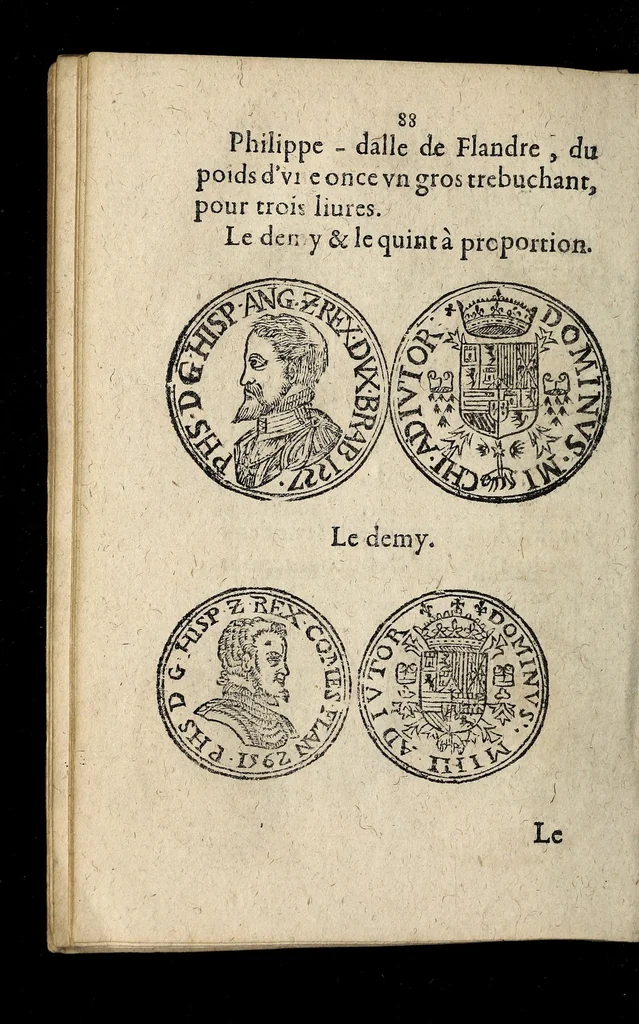An illustration from Edict dv Roy portant novvelle fabrication d'especes d'argent: augmentation du marc d'argent le Roy, & des quarts d'eseu, testons, & francs aux coins & armes de sa Maiesté estans de leur iuste poids ... auec vne nouuelle eualuation ..., 1646, leaf 88
