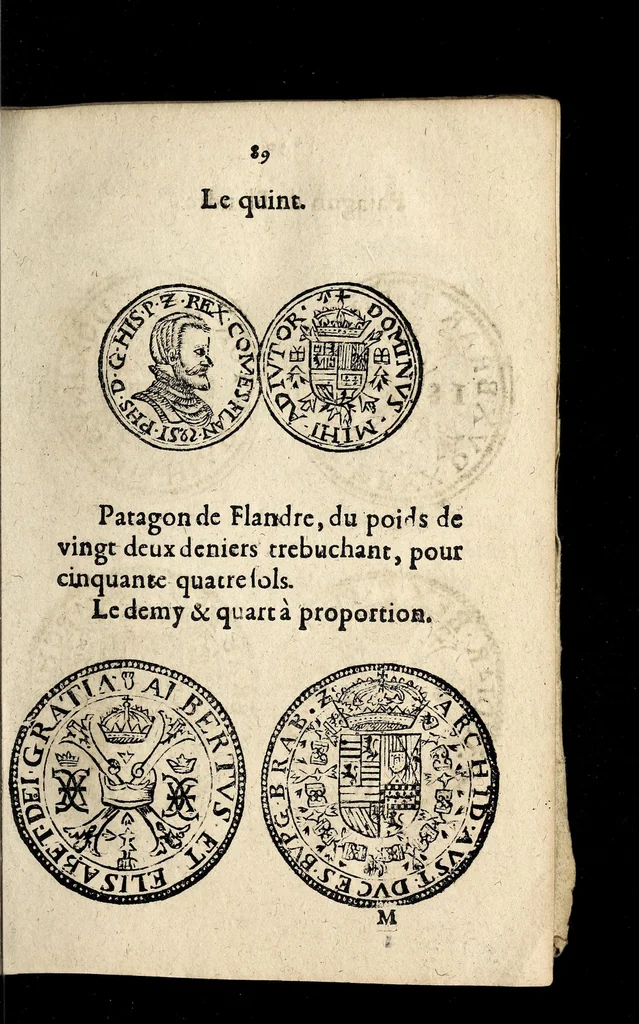 An illustration from Edict dv Roy portant novvelle fabrication d'especes d'argent: augmentation du marc d'argent le Roy, & des quarts d'eseu, testons, & francs aux coins & armes de sa Maiesté estans de leur iuste poids ... auec vne nouuelle eualuation ..., 1646, leaf 89