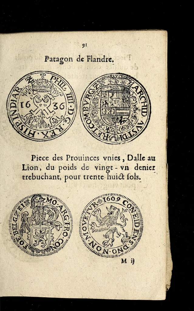 An illustration from Edict dv Roy portant novvelle fabrication d'especes d'argent: augmentation du marc d'argent le Roy, & des quarts d'eseu, testons, & francs aux coins & armes de sa Maiesté estans de leur iuste poids ... auec vne nouuelle eualuation ..., 1646, leaf 91