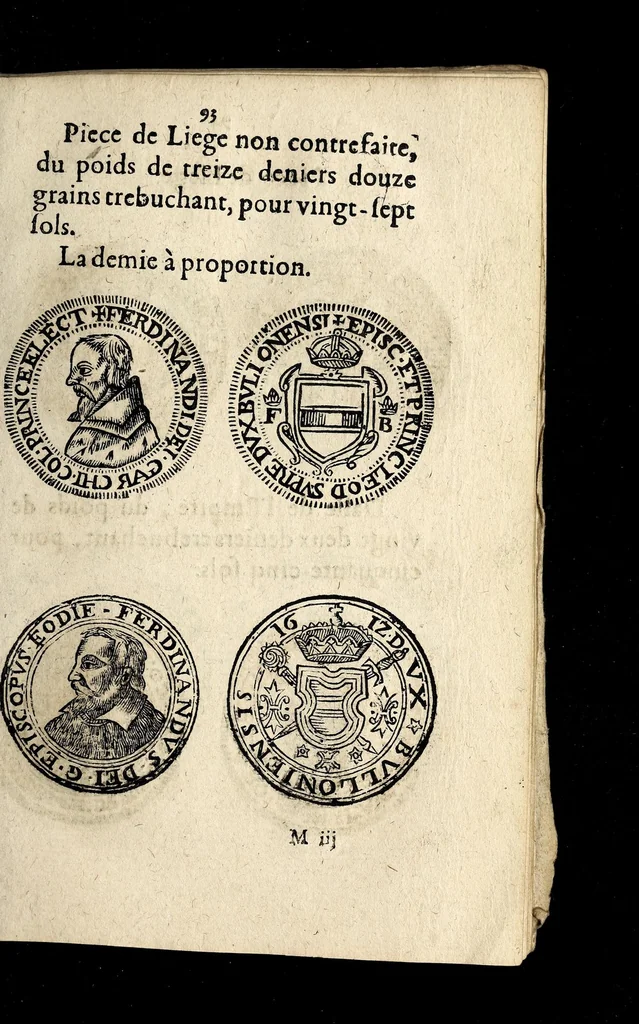 An illustration from Edict dv Roy portant novvelle fabrication d'especes d'argent: augmentation du marc d'argent le Roy, & des quarts d'eseu, testons, & francs aux coins & armes de sa Maiesté estans de leur iuste poids ... auec vne nouuelle eualuation ..., 1646, leaf 93