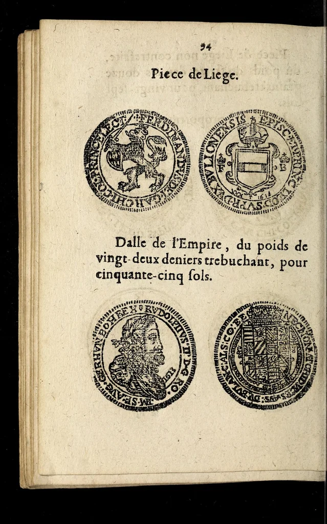 An illustration from Edict dv Roy portant novvelle fabrication d'especes d'argent: augmentation du marc d'argent le Roy, & des quarts d'eseu, testons, & francs aux coins & armes de sa Maiesté estans de leur iuste poids ... auec vne nouuelle eualuation ..., 1646, leaf 94