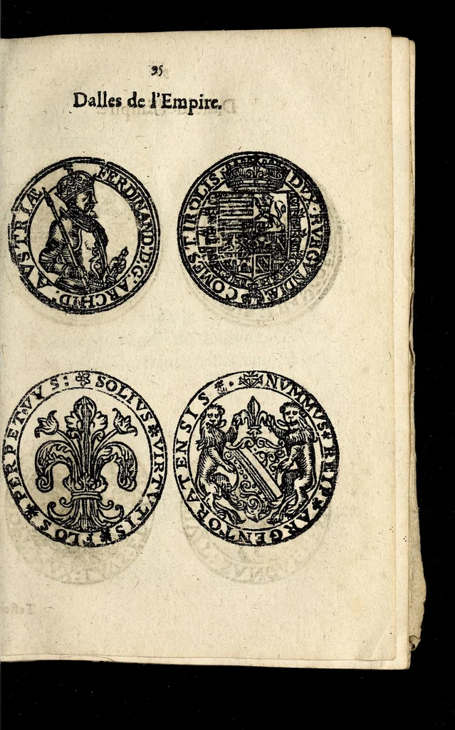 An illustration from Edict dv Roy portant novvelle fabrication d'especes d'argent: augmentation du marc d'argent le Roy, & des quarts d'eseu, testons, & francs aux coins & armes de sa Maiesté estans de leur iuste poids ... auec vne nouuelle eualuation ..., 1646, leaf 95