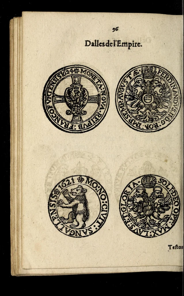 An illustration from Edict dv Roy portant novvelle fabrication d'especes d'argent: augmentation du marc d'argent le Roy, & des quarts d'eseu, testons, & francs aux coins & armes de sa Maiesté estans de leur iuste poids ... auec vne nouuelle eualuation ..., 1646, leaf 96