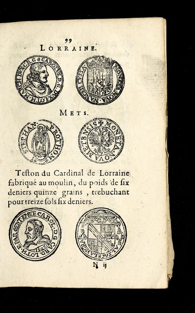 An illustration from Edict dv Roy portant novvelle fabrication d'especes d'argent: augmentation du marc d'argent le Roy, & des quarts d'eseu, testons, & francs aux coins & armes de sa Maiesté estans de leur iuste poids ... auec vne nouuelle eualuation ..., 1646, leaf 99