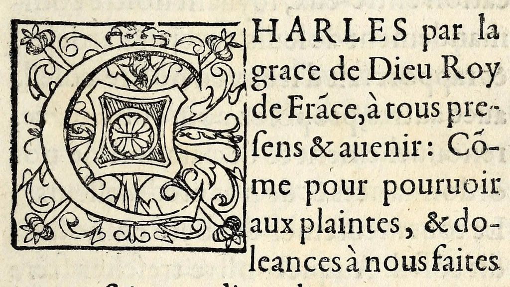 An illustration from Edit et ordonnance dv Roy, donné a Movlins av moisde Feurier 1566. Contenant plusieurs articles, sur le fait & administration de la iustice, avec l'Arrest de la Cour de Parlement de Rouen:, 1579, leaf 5