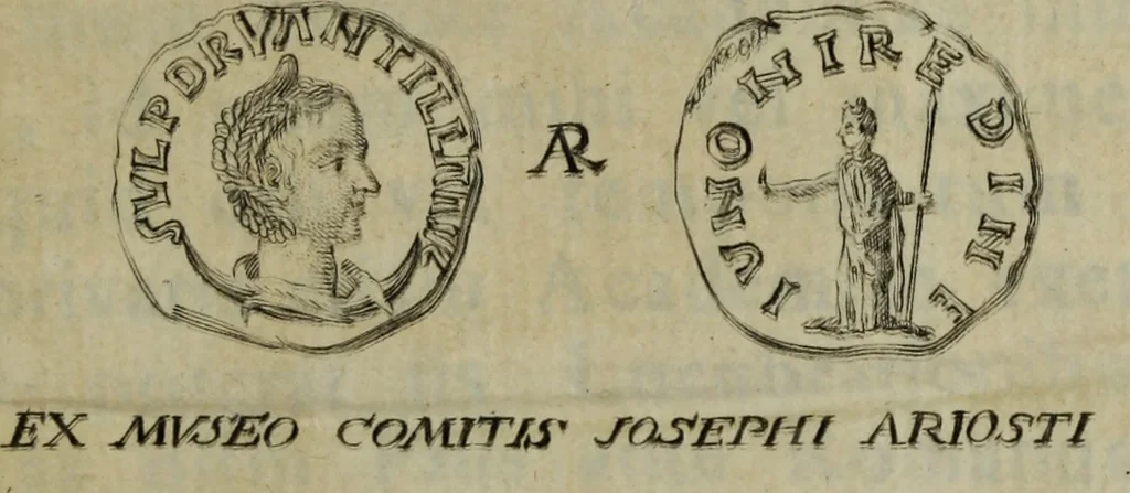 An illustration from Eduardi Corsini ... epistolae tres, quibus Sulpiciae Dryantillae, Aureliani ac Vaballathi Augustorum nummi explicantur et illustrantur, 1761, leaf 4