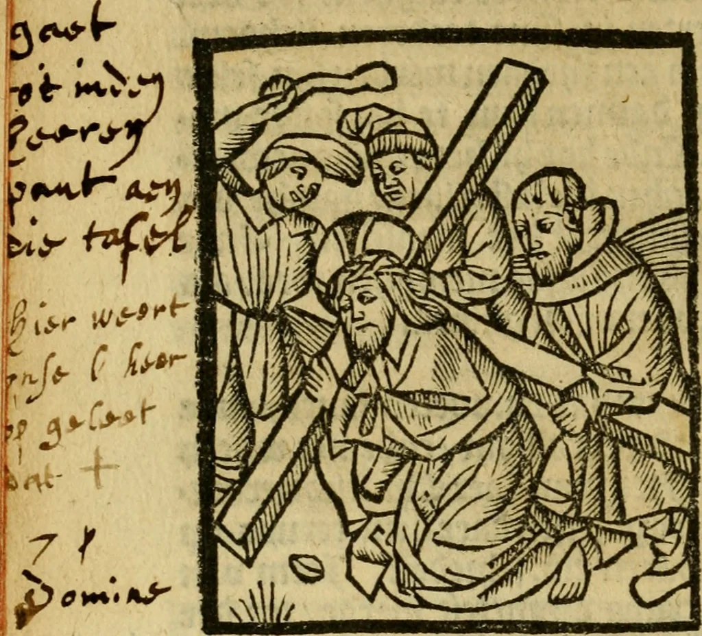 An illustration from Een devote maniere om gheestelyck pelgrimagie te trecken tot den heylighen lande als te Jherusalem, Bethleem, ter Jordanen, etc. : met die rechte gheleghentheyt der heyligher plaetsen, so bescheelijck beschreuen al ost mense voor ooghen saghe, 1563, leaf 217