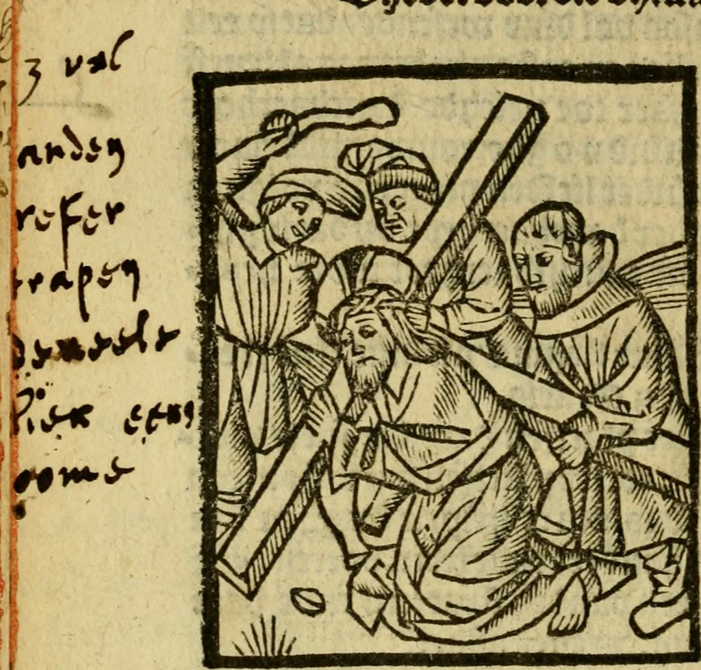 An illustration from Een devote maniere om gheestelyck pelgrimagie te trecken tot den heylighen lande als te Jherusalem, Bethleem, ter Jordanen, etc. : met die rechte gheleghentheyt der heyligher plaetsen, so bescheelijck beschreuen al ost mense voor ooghen saghe, 1563, leaf 223