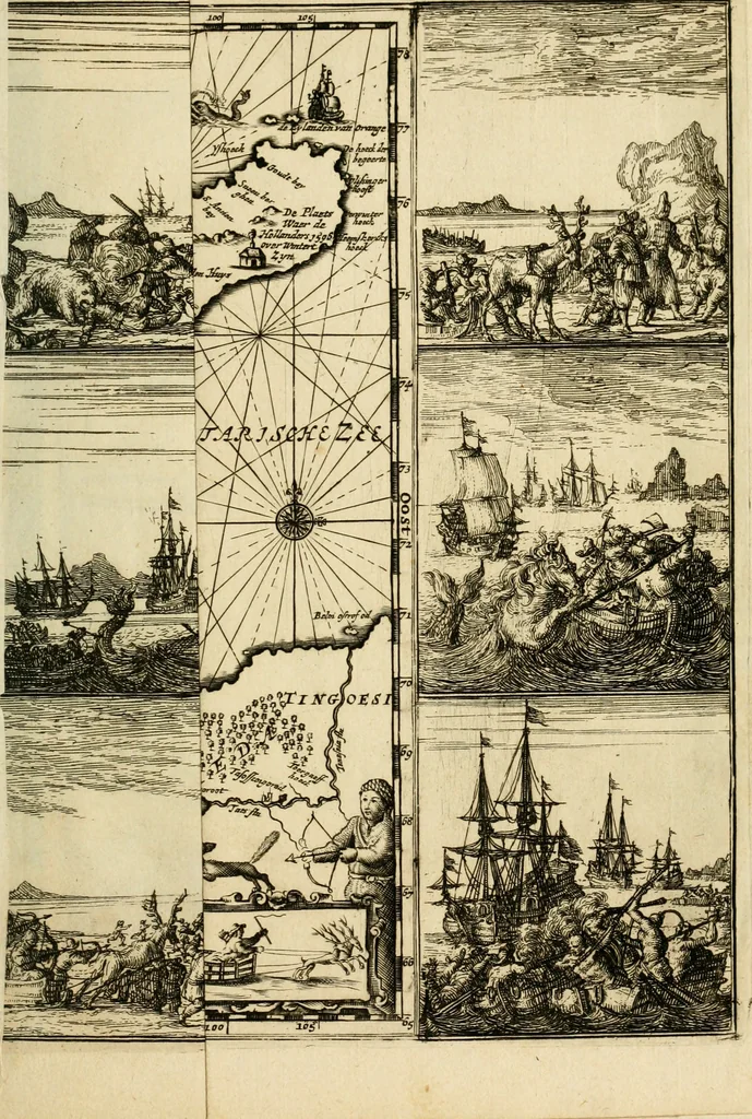 An illustration from Eerste[-derde] schip-vaert der Hollanderen nae de Oost-Indien door de Waygats, by - Noorden Noorweghen, Moscovien ende Tartarien: zijnde verrijckt met een beschryvinge veeler aengrenfende landen, noyt in eenige voorige, 1648, leaf 14