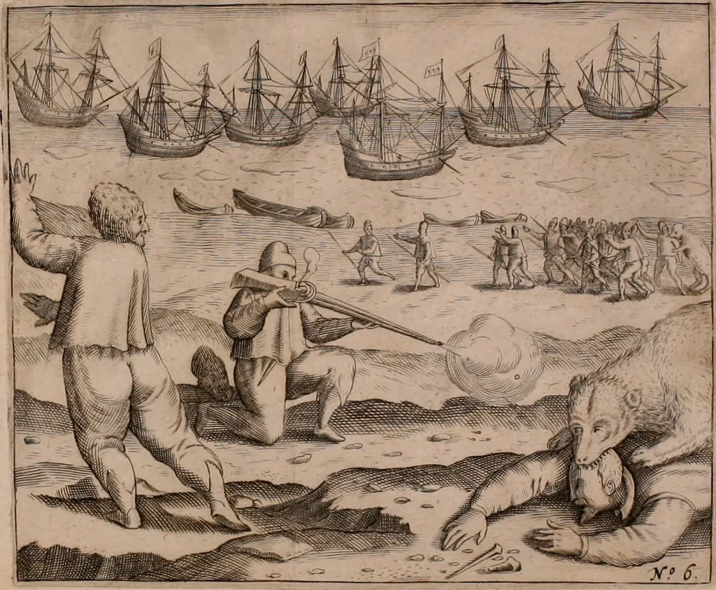 An illustration from Eerste[-derde] schip-vaert der Hollanderen nae de Oost-Indien door de Waygats, by - Noorden Noorweghen, Moscovien ende Tartarien: zijnde verrijckt met een beschryvinge veeler aengrenfende landen, noyt in eenige voorige, 1648, leaf 27