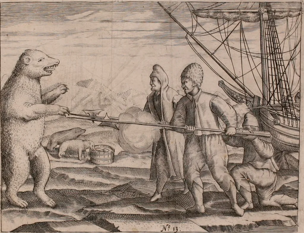 An illustration from Eerste[-derde] schip-vaert der Hollanderen nae de Oost-Indien door de Waygats, by - Noorden Noorweghen, Moscovien ende Tartarien: zijnde verrijckt met een beschryvinge veeler aengrenfende landen, noyt in eenige voorige, 1648, leaf 45