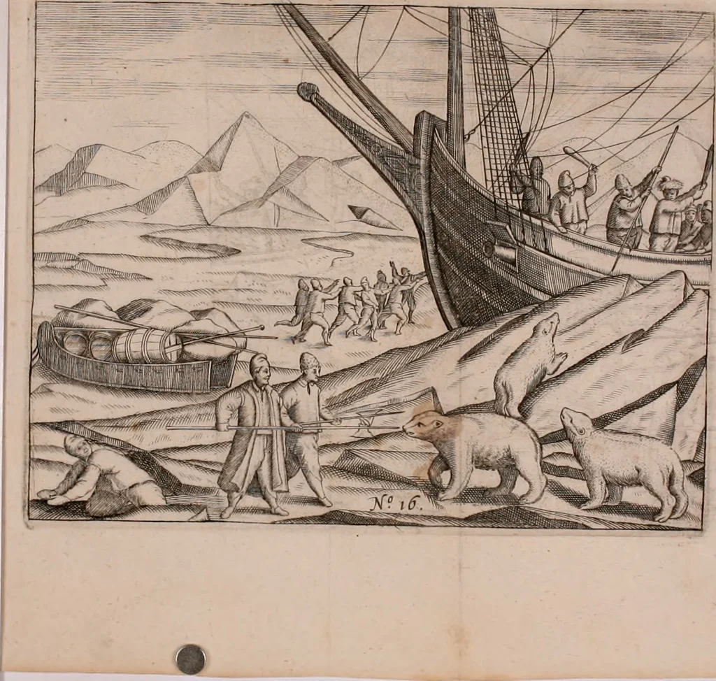 An illustration from Eerste[-derde] schip-vaert der Hollanderen nae de Oost-Indien door de Waygats, by - Noorden Noorweghen, Moscovien ende Tartarien: zijnde verrijckt met een beschryvinge veeler aengrenfende landen, noyt in eenige voorige, 1648, leaf 49