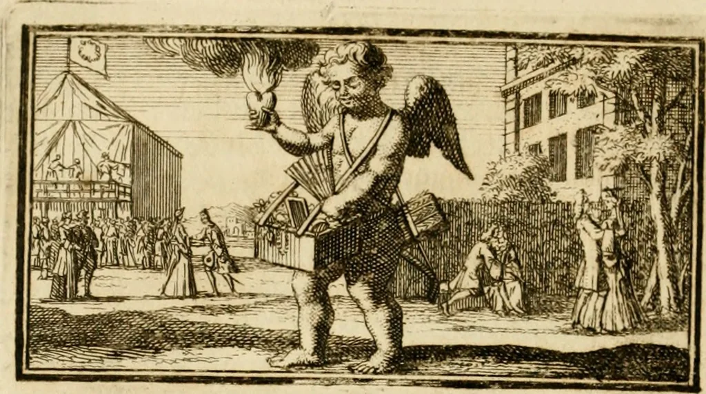 An illustration from Eeuwigduurende liefdes almanak : zinnebeeldig, volgens den algemeenen almanaks-trant, de wisselvalligheden der minnaeren, die in alle liefde-jaeren voorvallen, aenwyzende, 1721, leaf 125