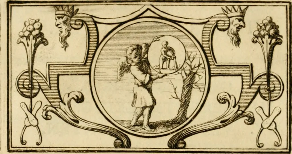 An illustration from Eeuwigduurende liefdes almanak : zinnebeeldig, volgens den algemeenen almanaks-trant, de wisselvalligheden der minnaeren, die in alle liefde-jaeren voorvallen, aenwyzende, 1721, leaf 39