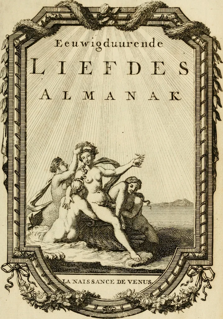 An illustration from Eeuwigduurende liefdes almanak : zinnebeeldig, volgens den algemeenen almanaks-trant, de wisselvalligheden der minnaeren, die in alle liefde-jaeren voorvallen, aenwyzende, 1721, leaf 4
