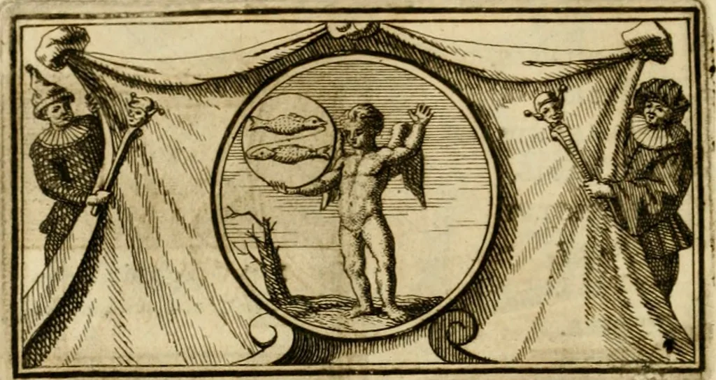 An illustration from Eeuwigduurende liefdes almanak : zinnebeeldig, volgens den algemeenen almanaks-trant, de wisselvalligheden der minnaeren, die in alle liefde-jaeren voorvallen, aenwyzende, 1721, leaf 41