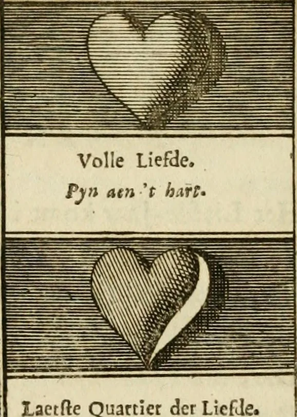 An illustration from Eeuwigduurende liefdes almanak : zinnebeeldig, volgens den algemeenen almanaks-trant, de wisselvalligheden der minnaeren, die in alle liefde-jaeren voorvallen, aenwyzende, 1721, leaf 42