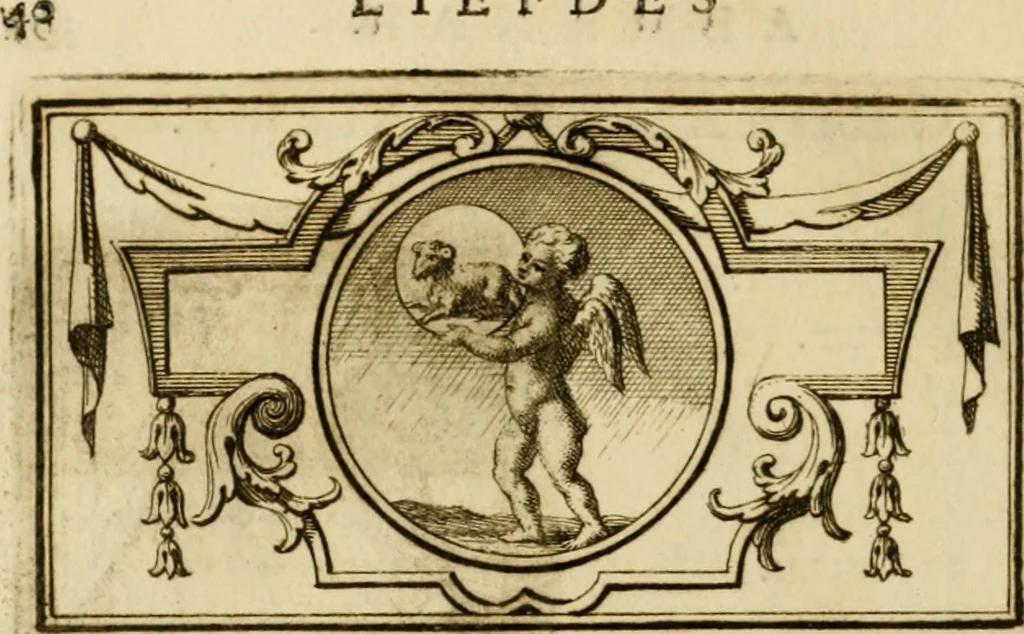 An illustration from Eeuwigduurende liefdes almanak : zinnebeeldig, volgens den algemeenen almanaks-trant, de wisselvalligheden der minnaeren, die in alle liefde-jaeren voorvallen, aenwyzende, 1721, leaf 43