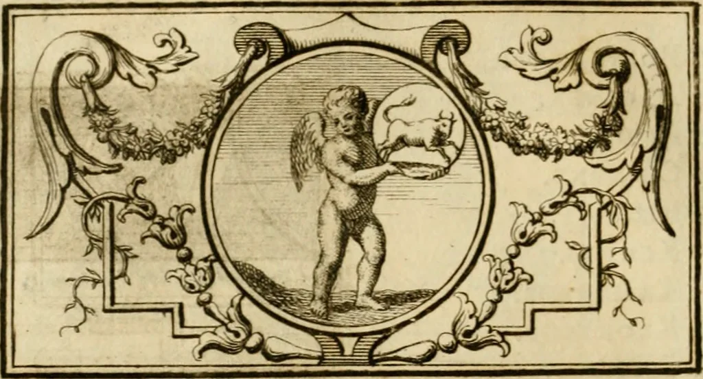An illustration from Eeuwigduurende liefdes almanak : zinnebeeldig, volgens den algemeenen almanaks-trant, de wisselvalligheden der minnaeren, die in alle liefde-jaeren voorvallen, aenwyzende, 1721, leaf 45