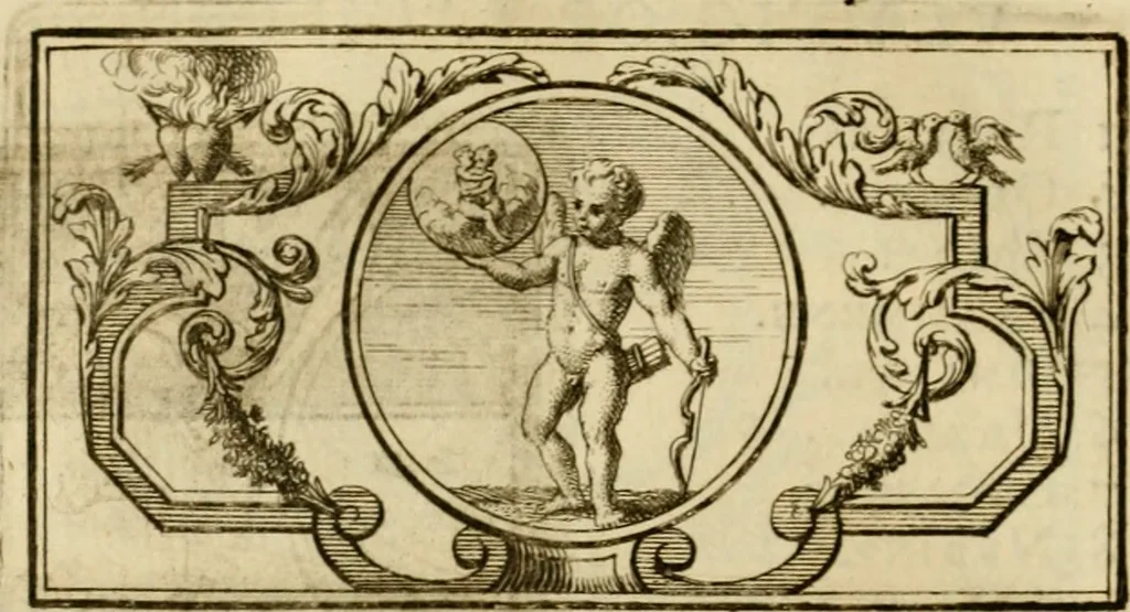 An illustration from Eeuwigduurende liefdes almanak : zinnebeeldig, volgens den algemeenen almanaks-trant, de wisselvalligheden der minnaeren, die in alle liefde-jaeren voorvallen, aenwyzende, 1721, leaf 47