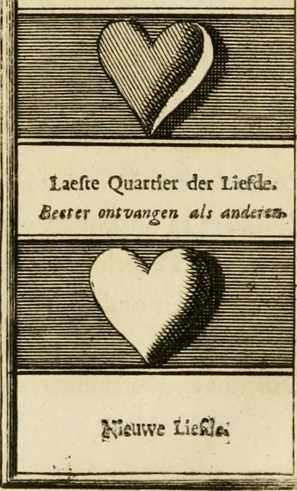 An illustration from Eeuwigduurende liefdes almanak : zinnebeeldig, volgens den algemeenen almanaks-trant, de wisselvalligheden der minnaeren, die in alle liefde-jaeren voorvallen, aenwyzende, 1721, leaf 48