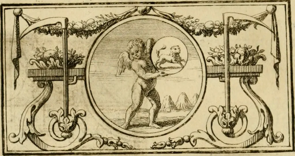 An illustration from Eeuwigduurende liefdes almanak : zinnebeeldig, volgens den algemeenen almanaks-trant, de wisselvalligheden der minnaeren, die in alle liefde-jaeren voorvallen, aenwyzende, 1721, leaf 51