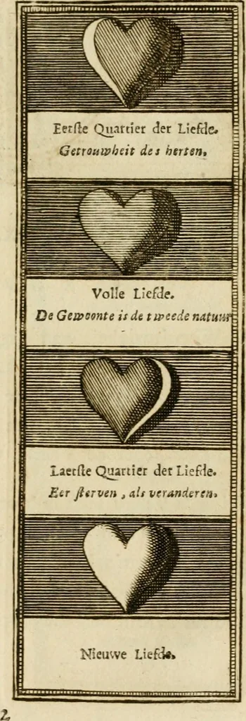 An illustration from Eeuwigduurende liefdes almanak : zinnebeeldig, volgens den algemeenen almanaks-trant, de wisselvalligheden der minnaeren, die in alle liefde-jaeren voorvallen, aenwyzende, 1721, leaf 54