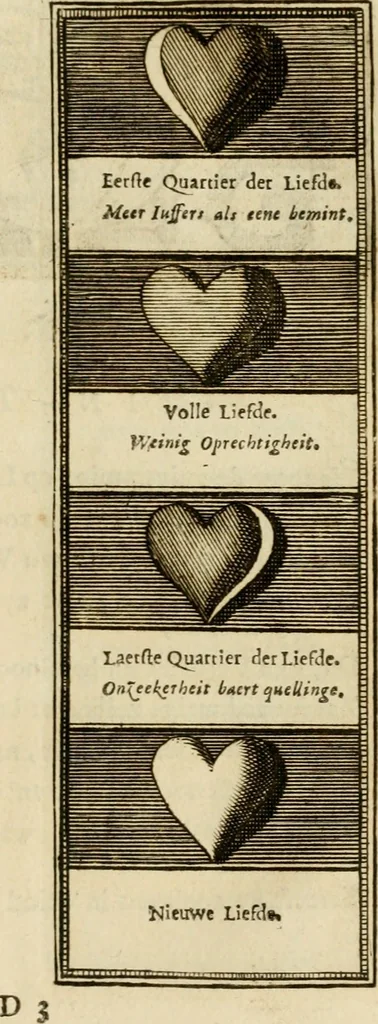 An illustration from Eeuwigduurende liefdes almanak : zinnebeeldig, volgens den algemeenen almanaks-trant, de wisselvalligheden der minnaeren, die in alle liefde-jaeren voorvallen, aenwyzende, 1721, leaf 56