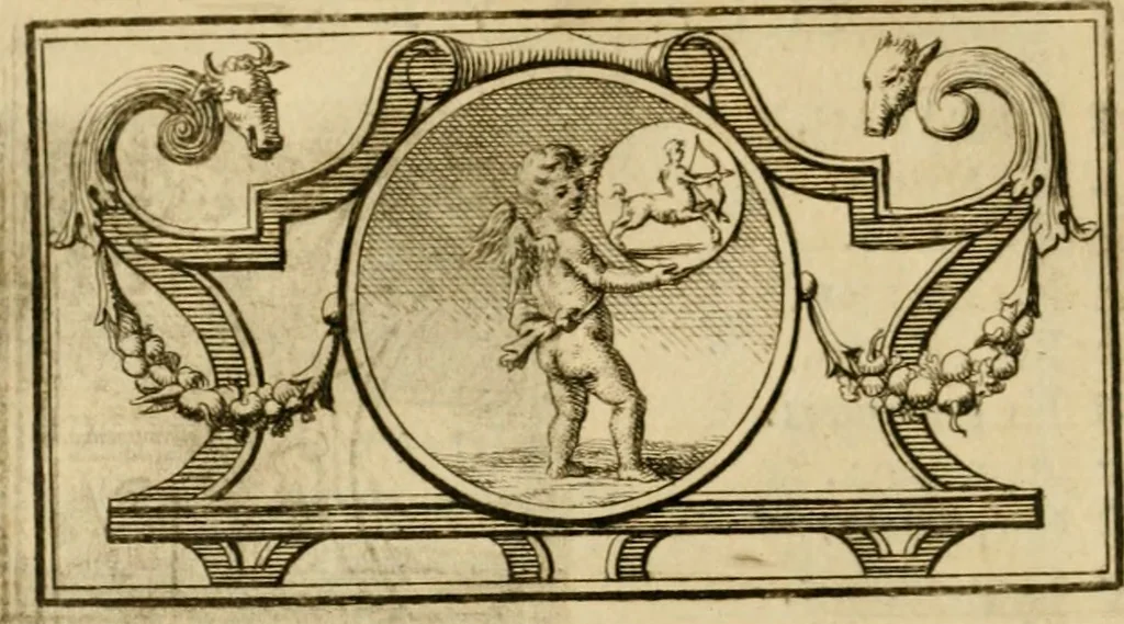 An illustration from Eeuwigduurende liefdes almanak : zinnebeeldig, volgens den algemeenen almanaks-trant, de wisselvalligheden der minnaeren, die in alle liefde-jaeren voorvallen, aenwyzende, 1721, leaf 59