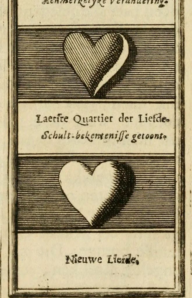 An illustration from Eeuwigduurende liefdes almanak : zinnebeeldig, volgens den algemeenen almanaks-trant, de wisselvalligheden der minnaeren, die in alle liefde-jaeren voorvallen, aenwyzende, 1721, leaf 62