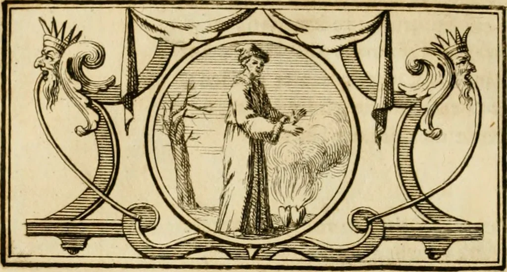 An illustration from Eeuwigduurende liefdes almanak : zinnebeeldig, volgens den algemeenen almanaks-trant, de wisselvalligheden der minnaeren, die in alle liefde-jaeren voorvallen, aenwyzende, 1721, leaf 97