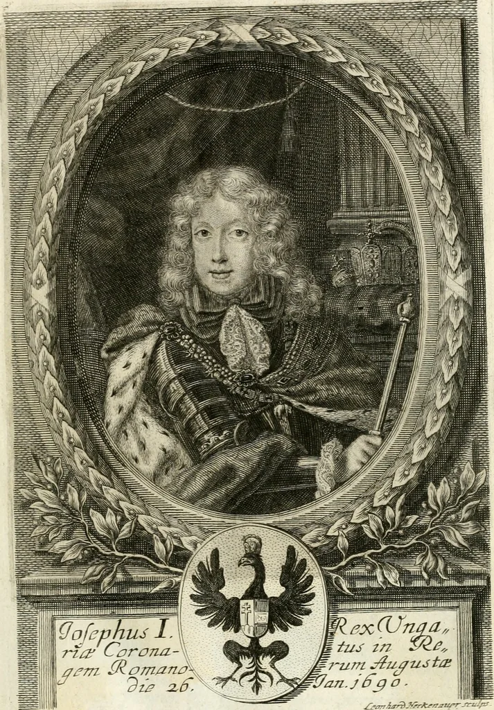 An illustration from Eigentliche Abbildungen Beeder Römm. Kayserl. wie auch der Röm. Königl. Majestäten und dann sämtlicher Herren Chur-Fuersten dess H. Röm Reichs ... Statt Augsburg im Jahr 1689 und 1690. Theils in eiger hoher person, Theils durch Dero Gevoll. mächtigte hochansehnliche herren Abgesandten erscheinen, 1689, leaf 12