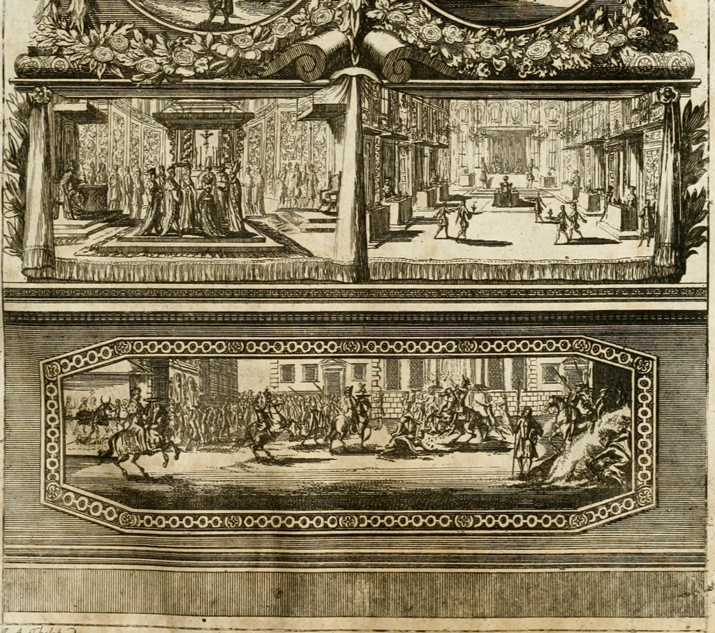 An illustration from Eigentliche Abbildungen Beeder Römm. Kayserl. wie auch der Röm. Königl. Majestäten und dann sämtlicher Herren Chur-Fuersten dess H. Röm Reichs ... Statt Augsburg im Jahr 1689 und 1690. Theils in eiger hoher person, Theils durch Dero Gevoll. mächtigte hochansehnliche herren Abgesandten erscheinen, 1689, leaf 142