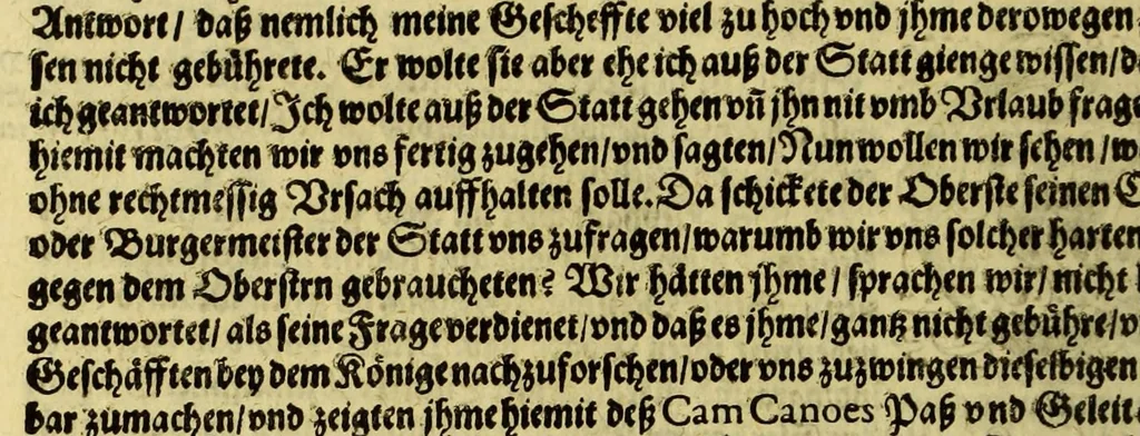 An illustration from Eilffter Theil der Orientalischen Indien, darinnen erstlich begriffenwerden zwo Schiffahrten Herrn Americi Vesputii, welche er auss Befehl Königs Emanuelis von Portugall anno 1501. in Ost Indien vorgenommen. : Zum andern, ein warhafftiger vnd zuvor nie erhörter Bericht eines Englischen, welcher, nach dem er in einem Schiff, die Auffahrt genandt, in Cambaja dem eussersten Theil Ost Indiens Schiffbruchgelidten, zu Land durch viele vnbekandte Königreich vnd grosse Stätte gereiset, vnd was ihme vberall begegnet vnd zuhanden gestossen. Zum dritten, ein historische Beschreibung von Erfindung vnd Beschaffenheit der Landschafft Spitzberg, &c. Item, ein kurtze Erzehlung, was alle andere Fischer Anno 1613. von den Englischen erlidten, neben angehängter Protestation, wider der Engelländer angemassten Erbgerechtigkeit, vber gedachte Landschaft Spitzberg, &c., 1618, leaf 34