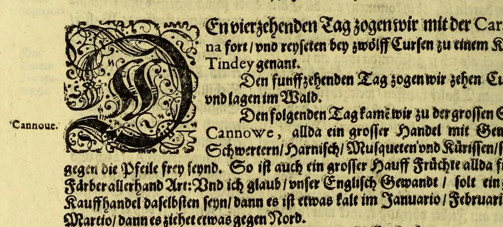 An illustration from Eilffter Theil der Orientalischen Indien, darinnen erstlich begriffenwerden zwo Schiffahrten Herrn Americi Vesputii, welche er auss Befehl Königs Emanuelis von Portugall anno 1501. in Ost Indien vorgenommen. : Zum andern, ein warhafftiger vnd zuvor nie erhörter Bericht eines Englischen, welcher, nach dem er in einem Schiff, die Auffahrt genandt, in Cambaja dem eussersten Theil Ost Indiens Schiffbruchgelidten, zu Land durch viele vnbekandte Königreich vnd grosse Stätte gereiset, vnd was ihme vberall begegnet vnd zuhanden gestossen. Zum dritten, ein historische Beschreibung von Erfindung vnd Beschaffenheit der Landschafft Spitzberg, &c. Item, ein kurtze Erzehlung, was alle andere Fischer Anno 1613. von den Englischen erlidten, neben angehängter Protestation, wider der Engelländer angemassten Erbgerechtigkeit, vber gedachte Landschaft Spitzberg, &c., 1618, leaf 34