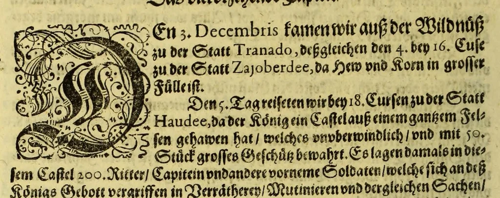 An illustration from Eilffter Theil der Orientalischen Indien, darinnen erstlich begriffenwerden zwo Schiffahrten Herrn Americi Vesputii, welche er auss Befehl Königs Emanuelis von Portugall anno 1501. in Ost Indien vorgenommen. : Zum andern, ein warhafftiger vnd zuvor nie erhörter Bericht eines Englischen, welcher, nach dem er in einem Schiff, die Auffahrt genandt, in Cambaja dem eussersten Theil Ost Indiens Schiffbruchgelidten, zu Land durch viele vnbekandte Königreich vnd grosse Stätte gereiset, vnd was ihme vberall begegnet vnd zuhanden gestossen. Zum dritten, ein historische Beschreibung von Erfindung vnd Beschaffenheit der Landschafft Spitzberg, &c. Item, ein kurtze Erzehlung, was alle andere Fischer Anno 1613. von den Englischen erlidten, neben angehängter Protestation, wider der Engelländer angemassten Erbgerechtigkeit, vber gedachte Landschaft Spitzberg, &c., 1618, leaf 36